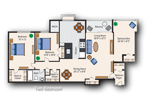 Floor plan for 2 beds, 1 bath, 1100 sqft